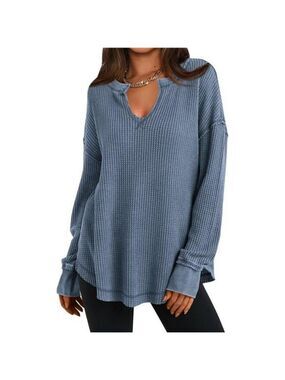 PRETTYGARDEN Waffle Knit V Neck Long Sleeve Tunic Top Oversized Split Hem